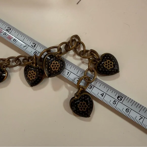 Antique Victorian revival art deco Brass Black enamel Heart Charm bracelet - Picture 9 of 17